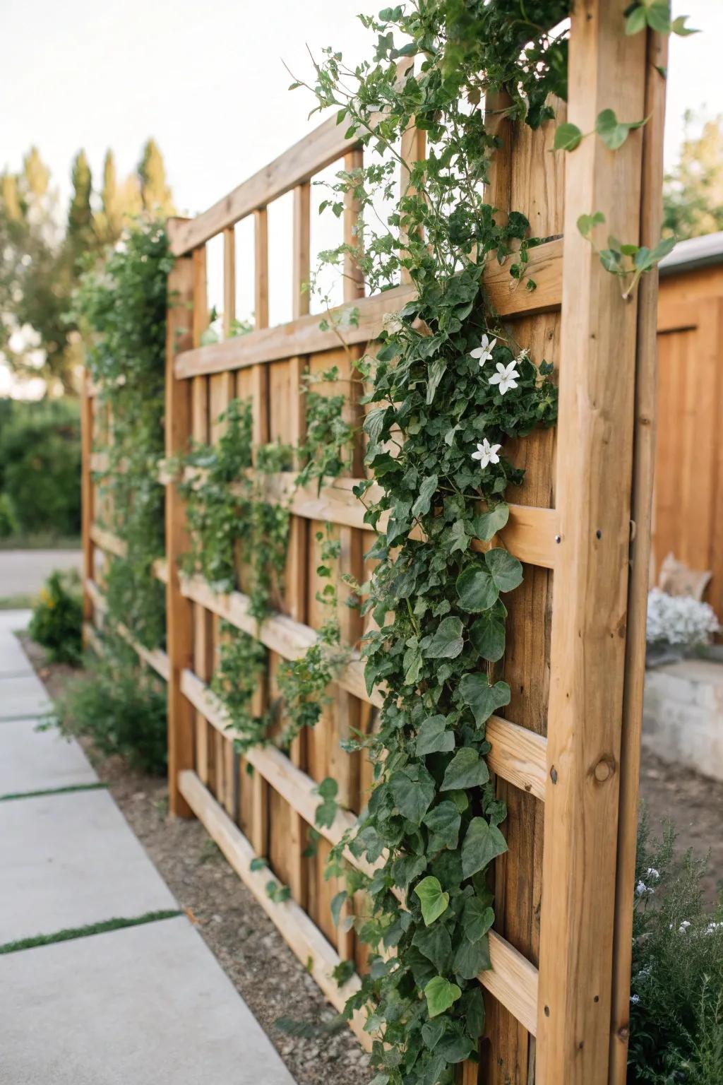 A customizable cedar trellis wall adapts to changing garden needs