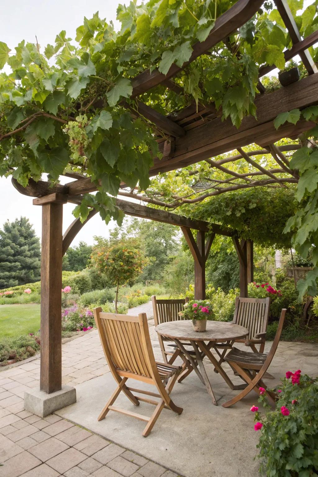 A cedar trellis provides shade and charm for outdoor seating