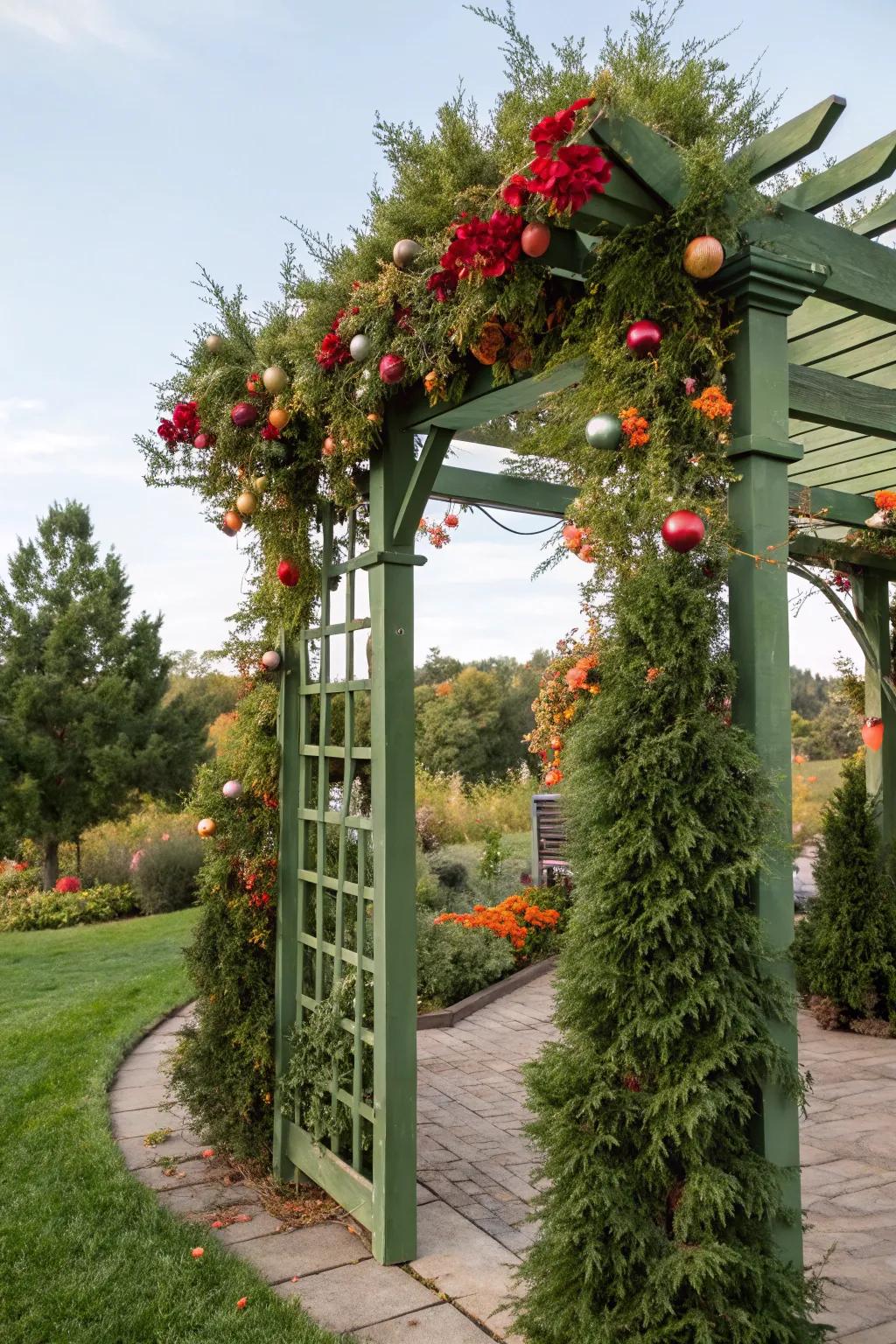 A cedar trellis with seasonal decor keeps the garden festive