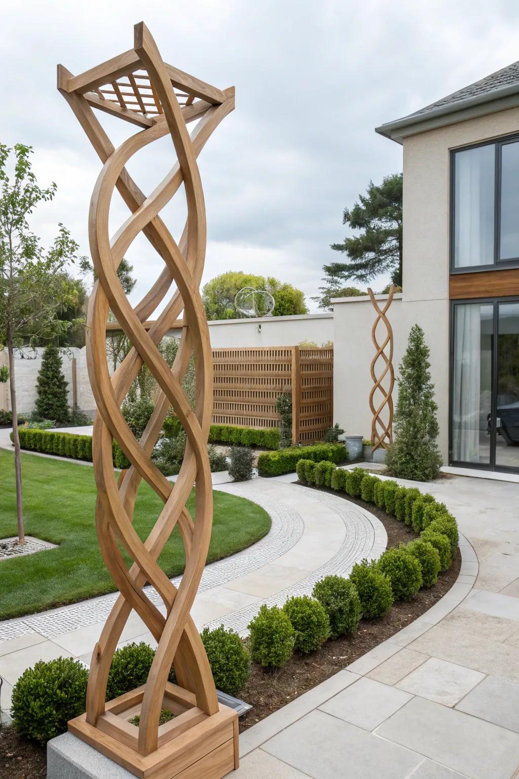 A sculptural cedar trellis adds artistic flair to the garden