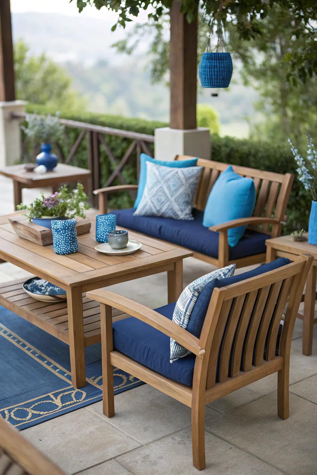 Natural elements complement blue decor beautifully.