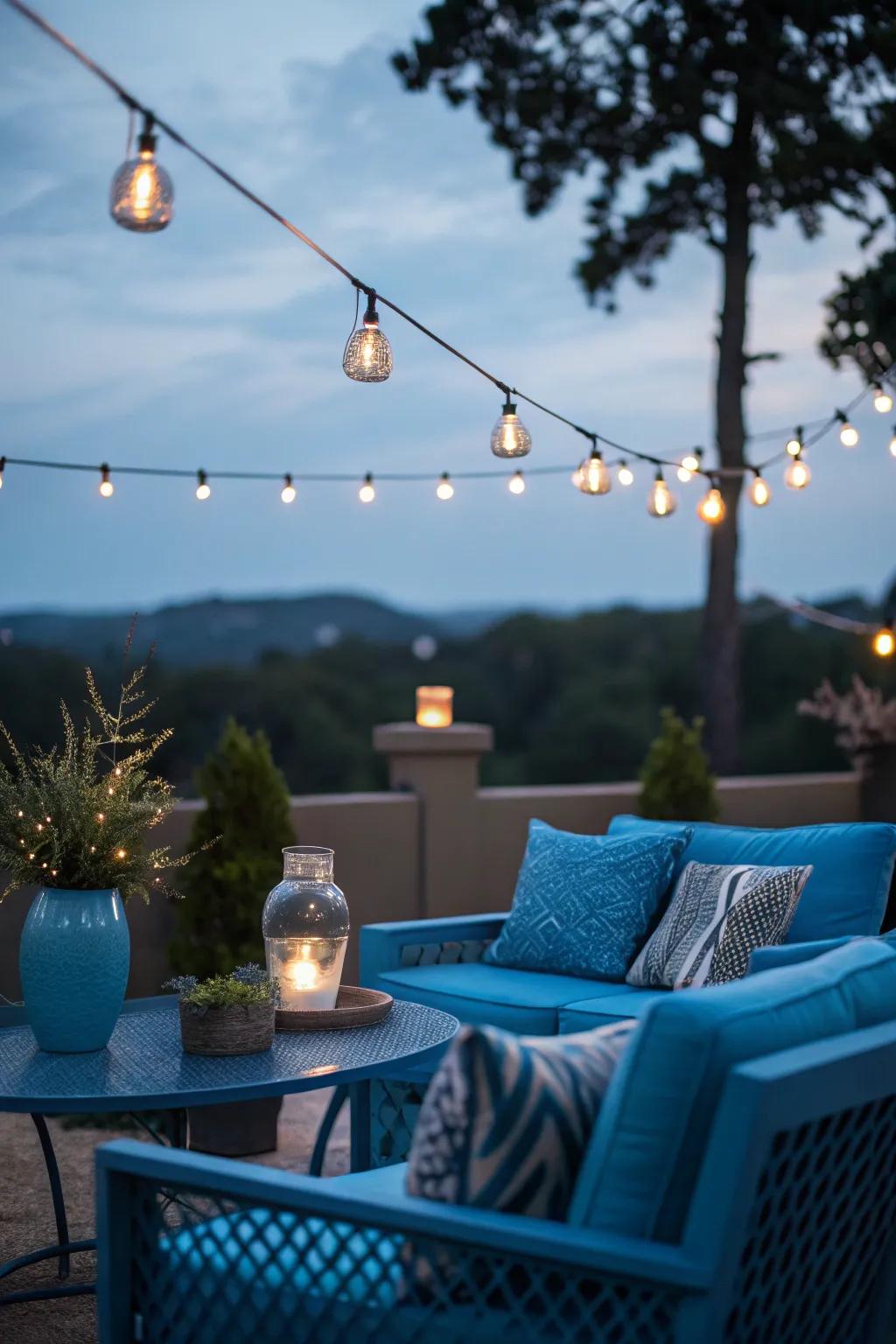 String lights enhance the cozy vibe.