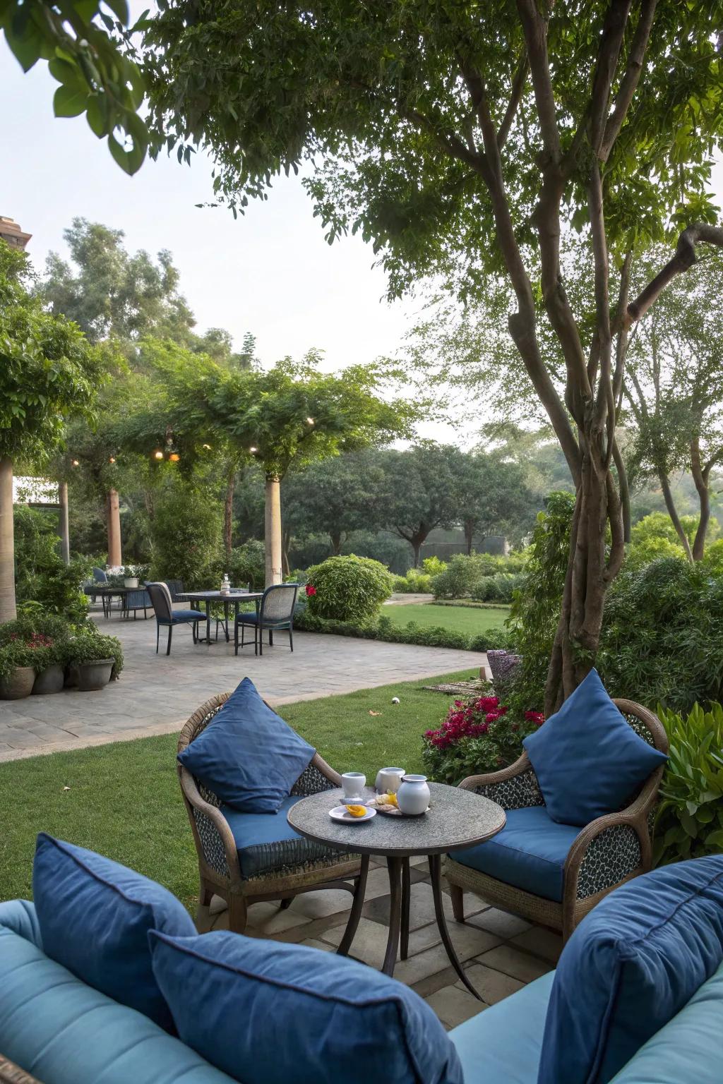 Create a cozy corner with plush blue seating.