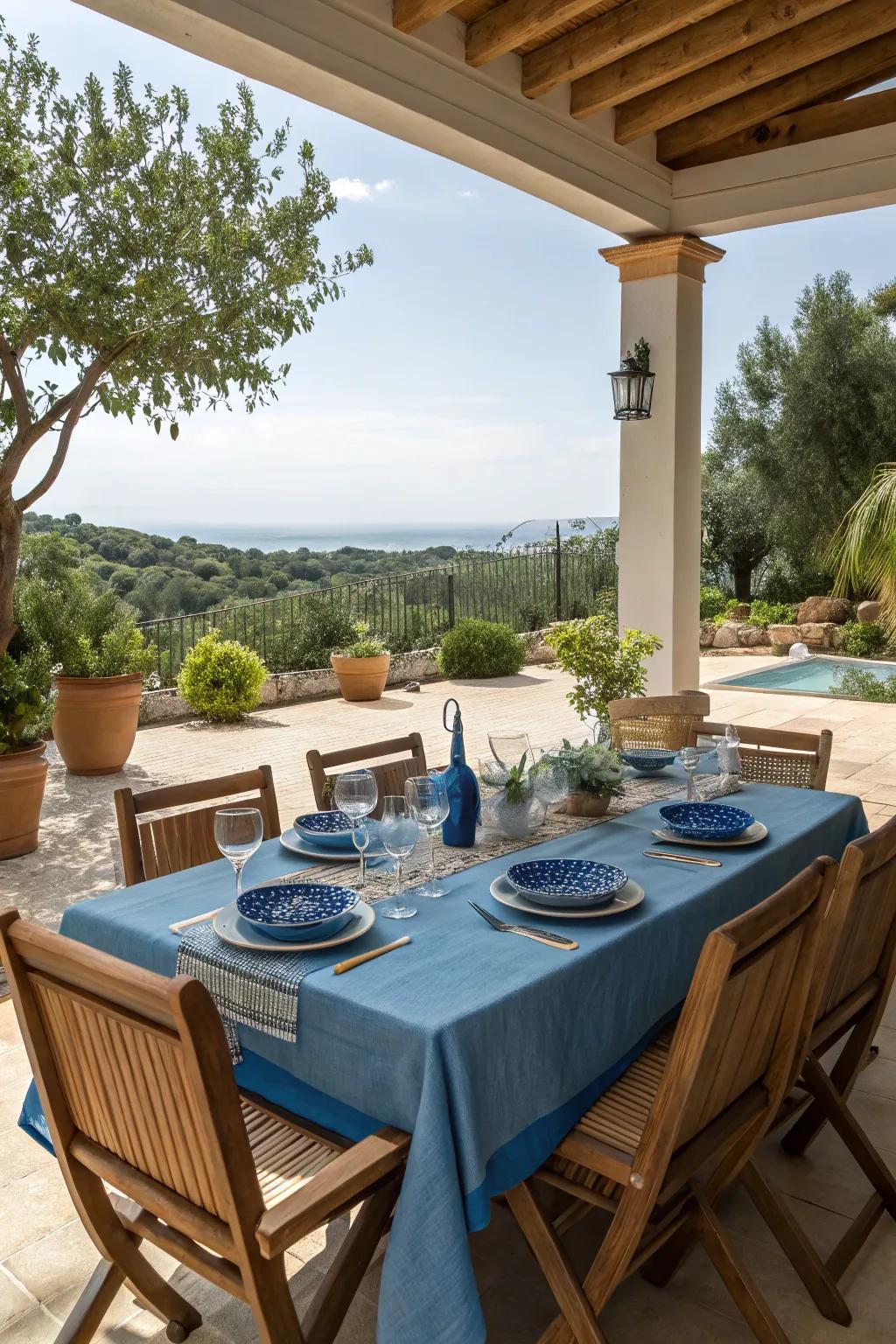 A blue-themed dining area creates a cohesive look.