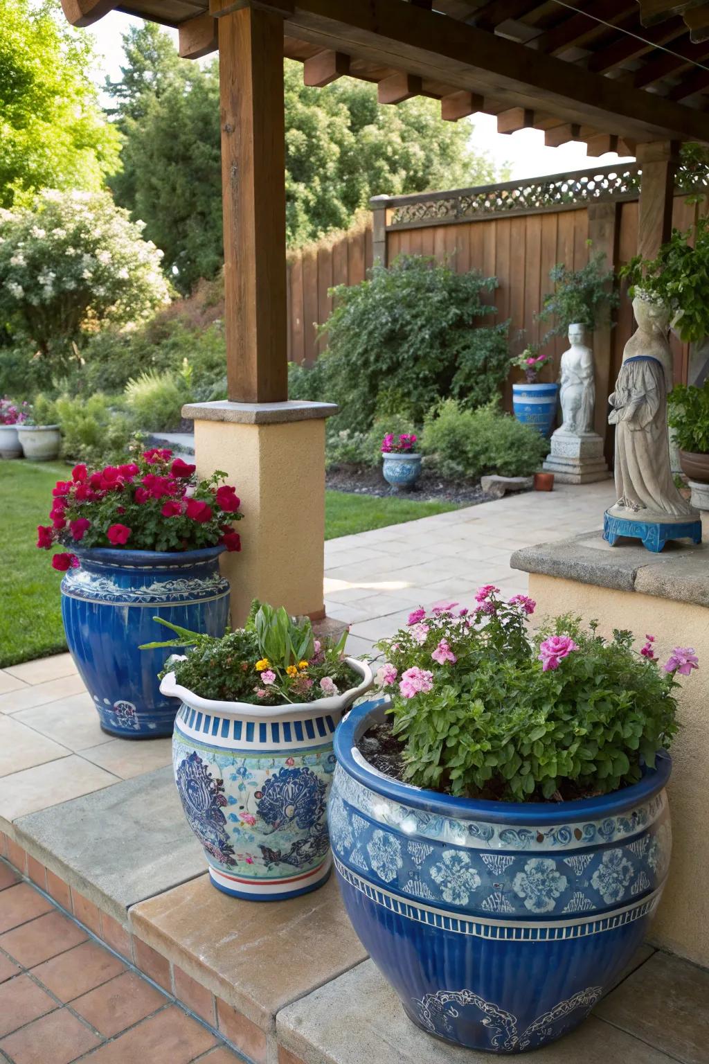 Blue pottery adds artisan charm.