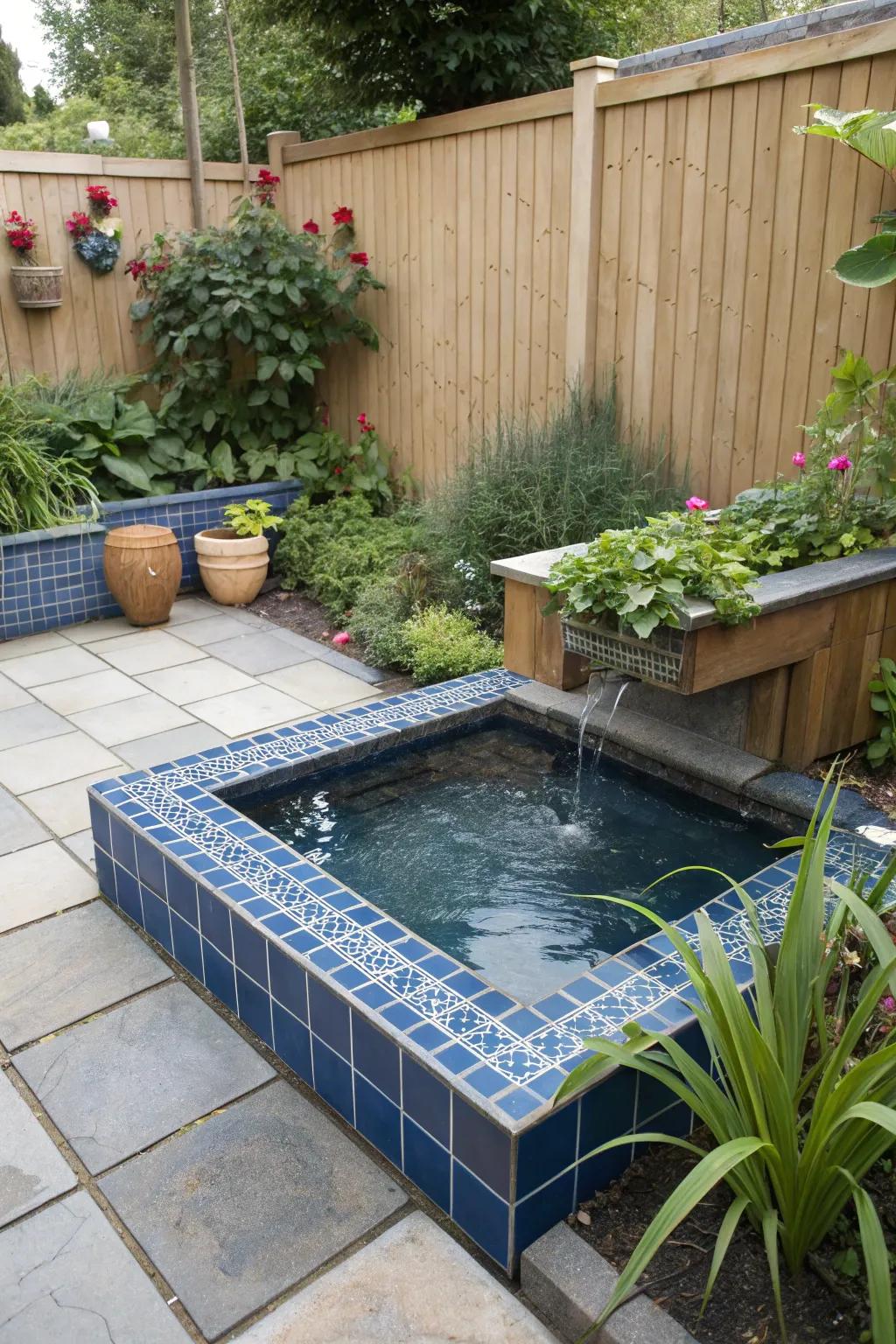 A blue water feature adds a soothing touch.