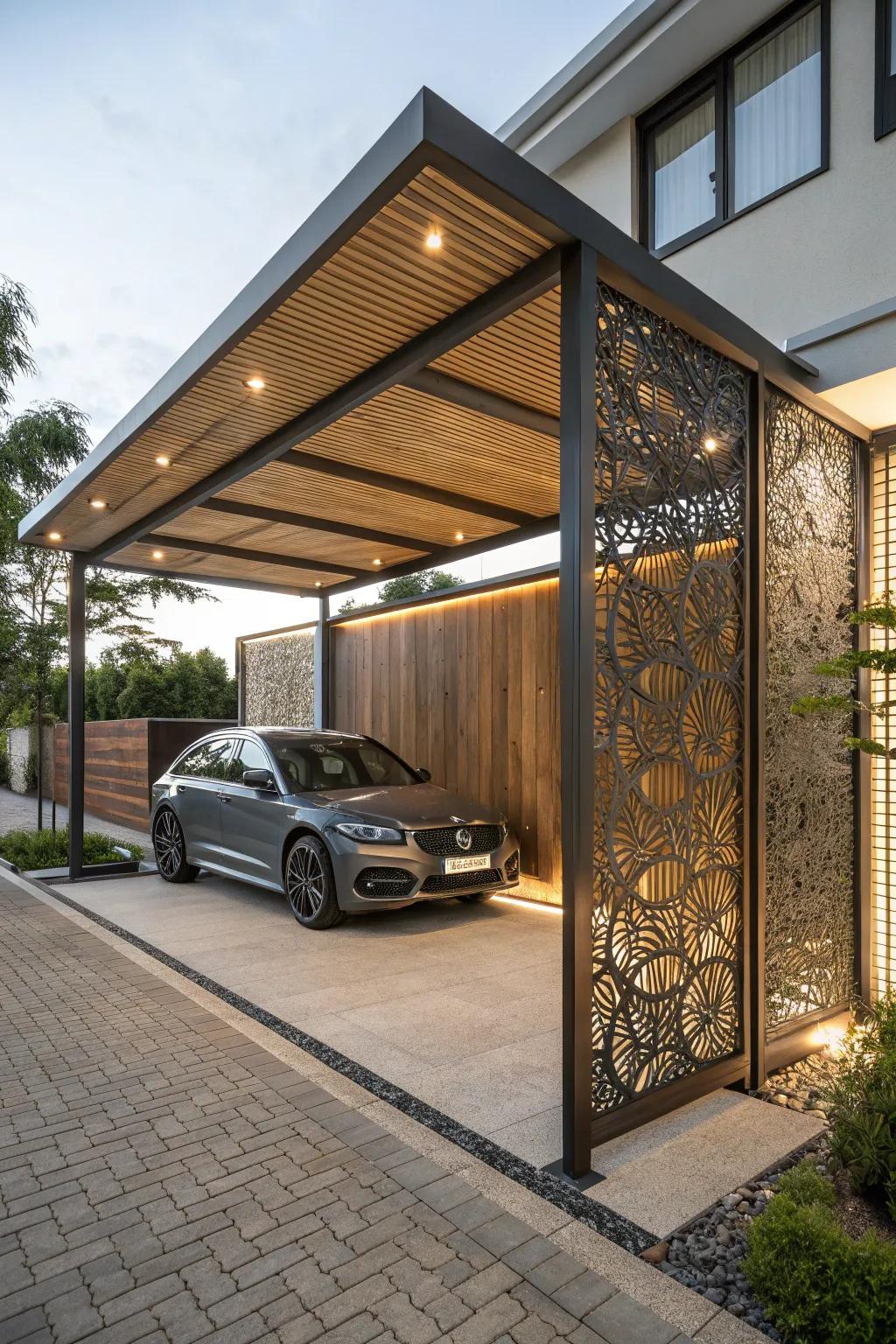 A mixed material screen combines wood and metal for a unique and stylish privacy solution.