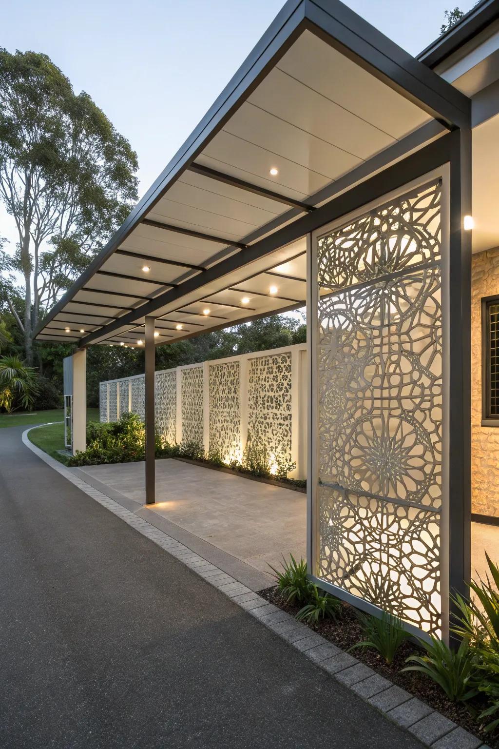 Laser-cut panels add modern artistry and intricate patterns to carport privacy.