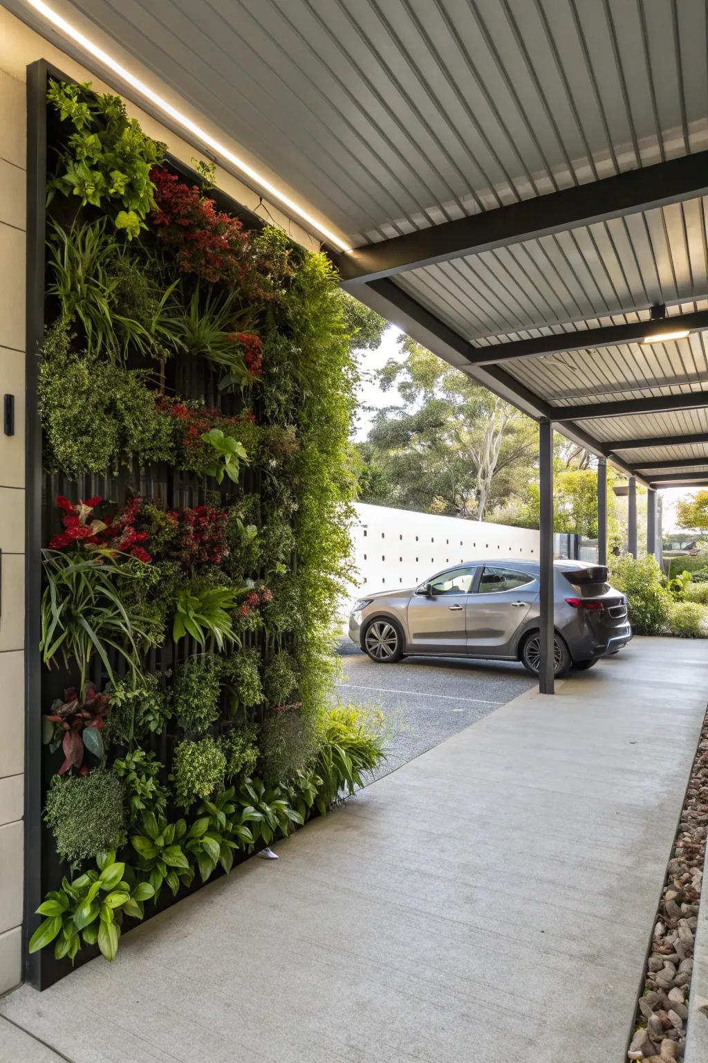 A living wall with vertical planters creates a green oasis and natural privacy.