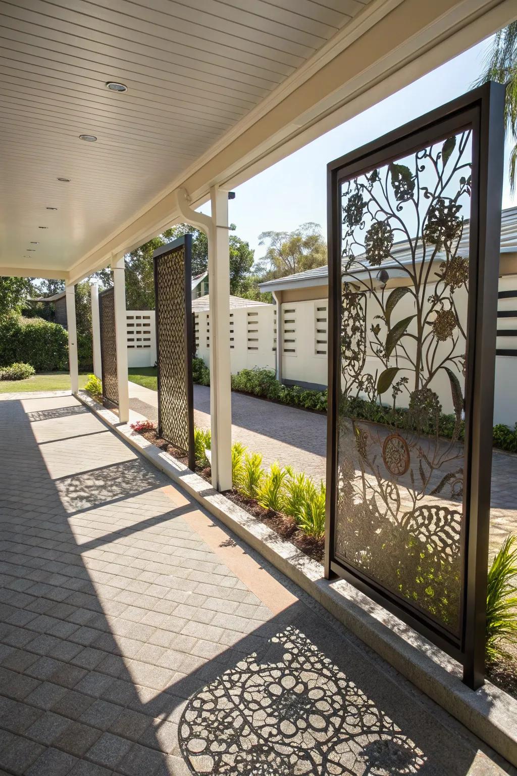 Decorative metal screens add an artistic flair to this carport privacy solution.