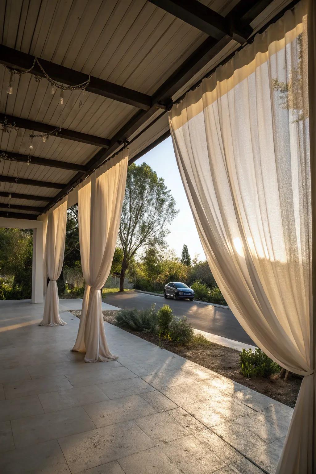 Flowing fabric curtains offer a cozy and adjustable privacy solution for carports.