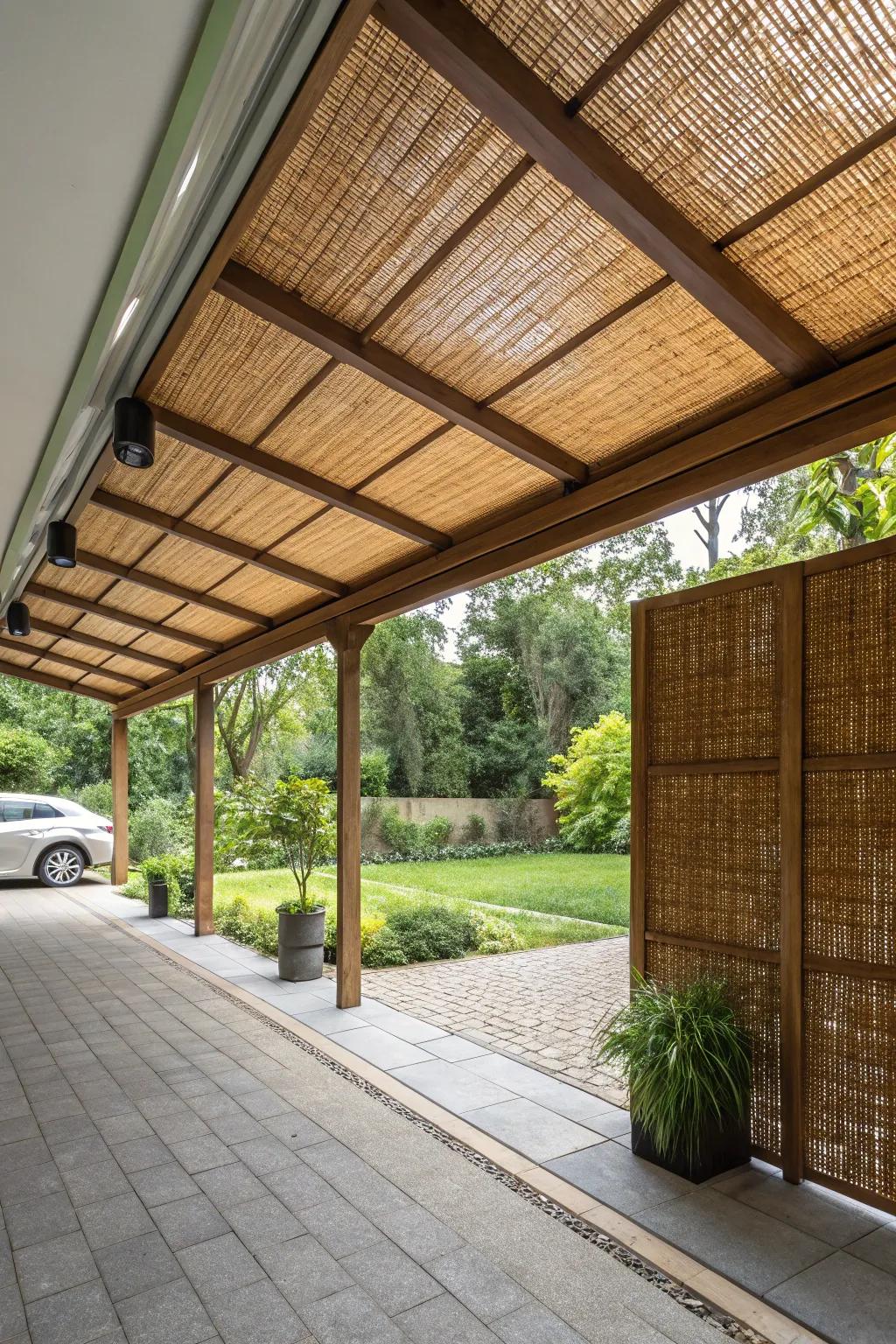 Woven willow panels provide eco-friendly beauty and privacy for carports.