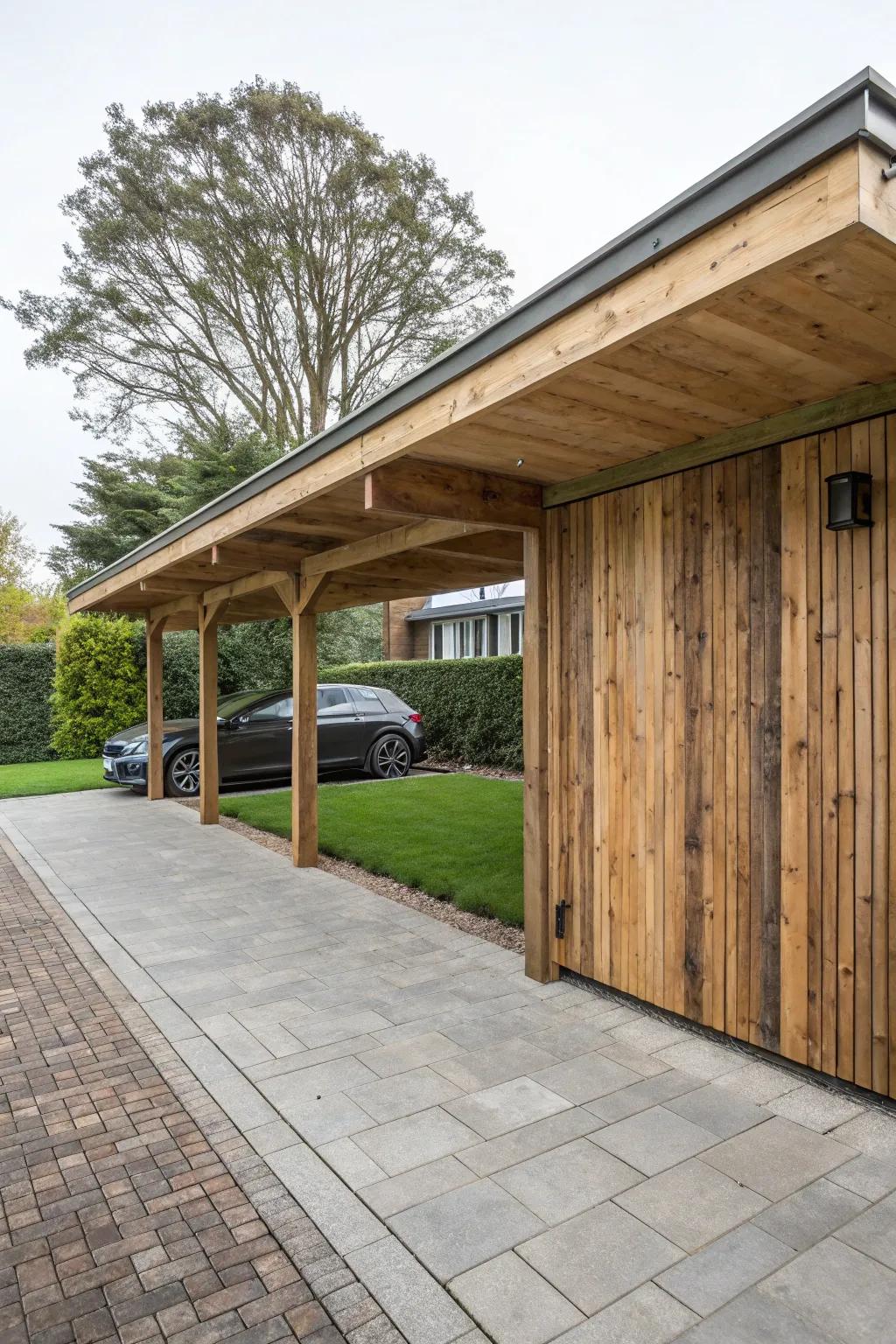 Reclaimed wood panels provide an eco-chic and warm design for carport privacy.