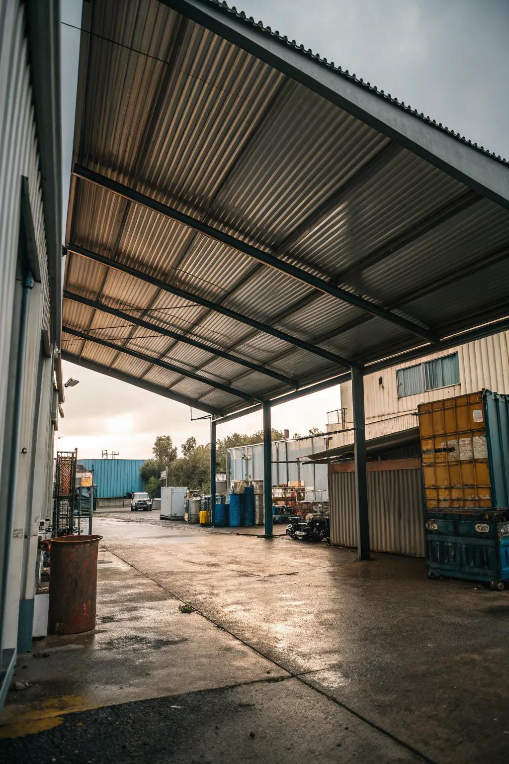 Corrugated metal sheets lend an industrial edge to this carport privacy screen.