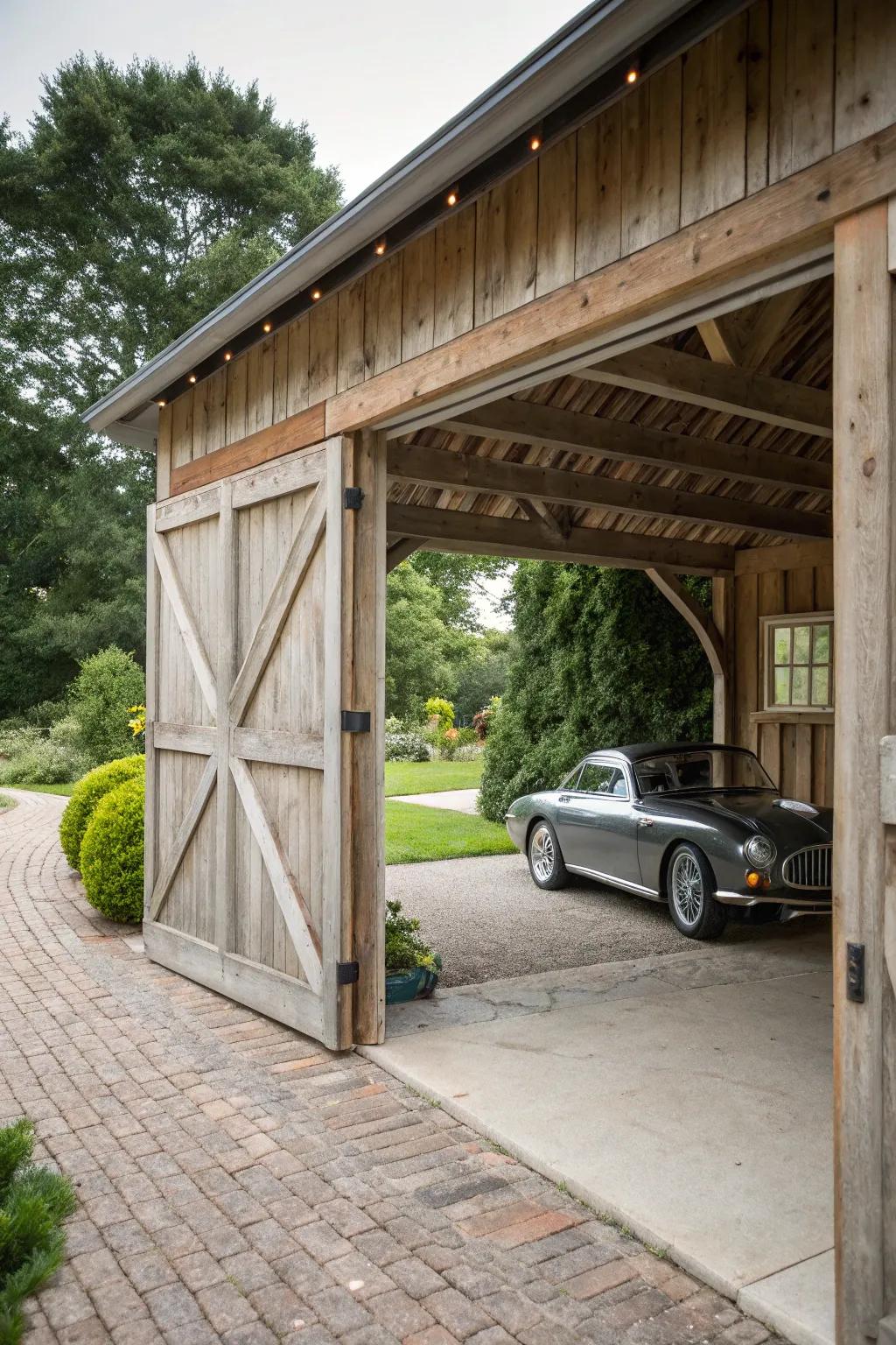 Sliding barn doors add rustic charm and functionality to this carport.