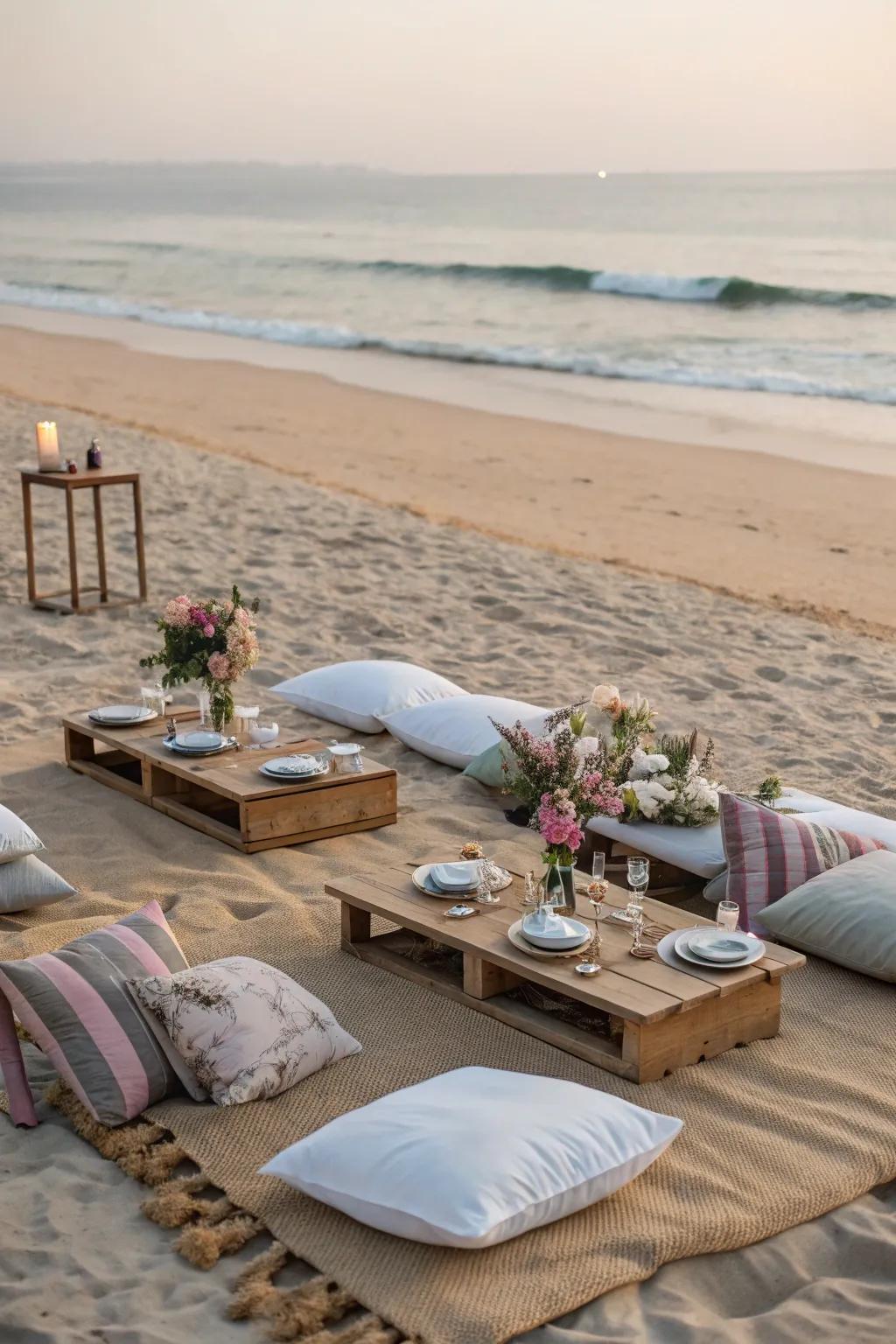 The ocean provides a serene backdrop for a beachside wedding picnic.