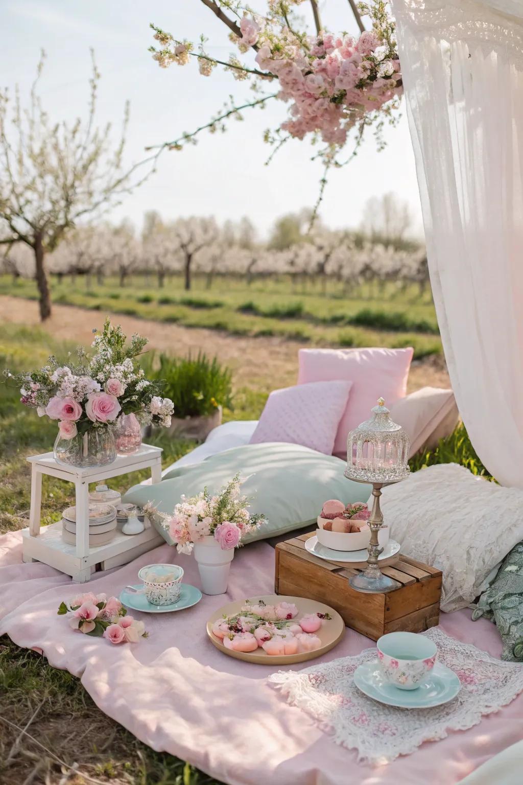 Pastel hues create a soft and dreamy picnic atmosphere.