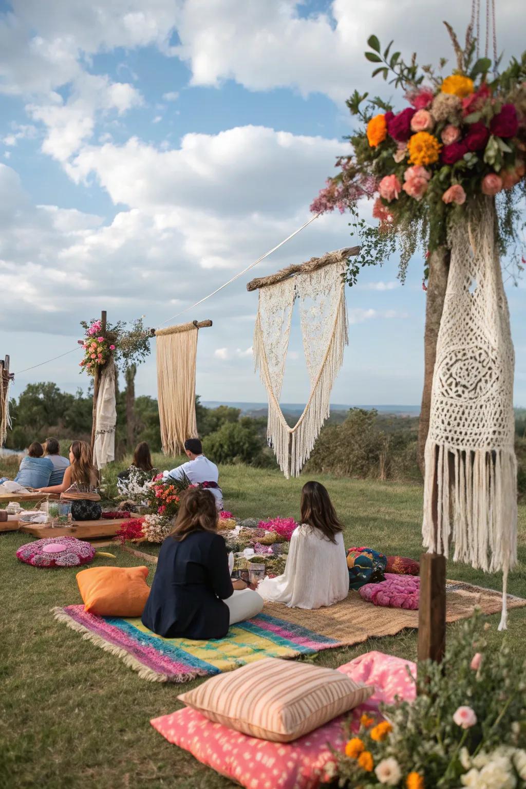 Boho-chic elements bring vibrant style to your picnic.