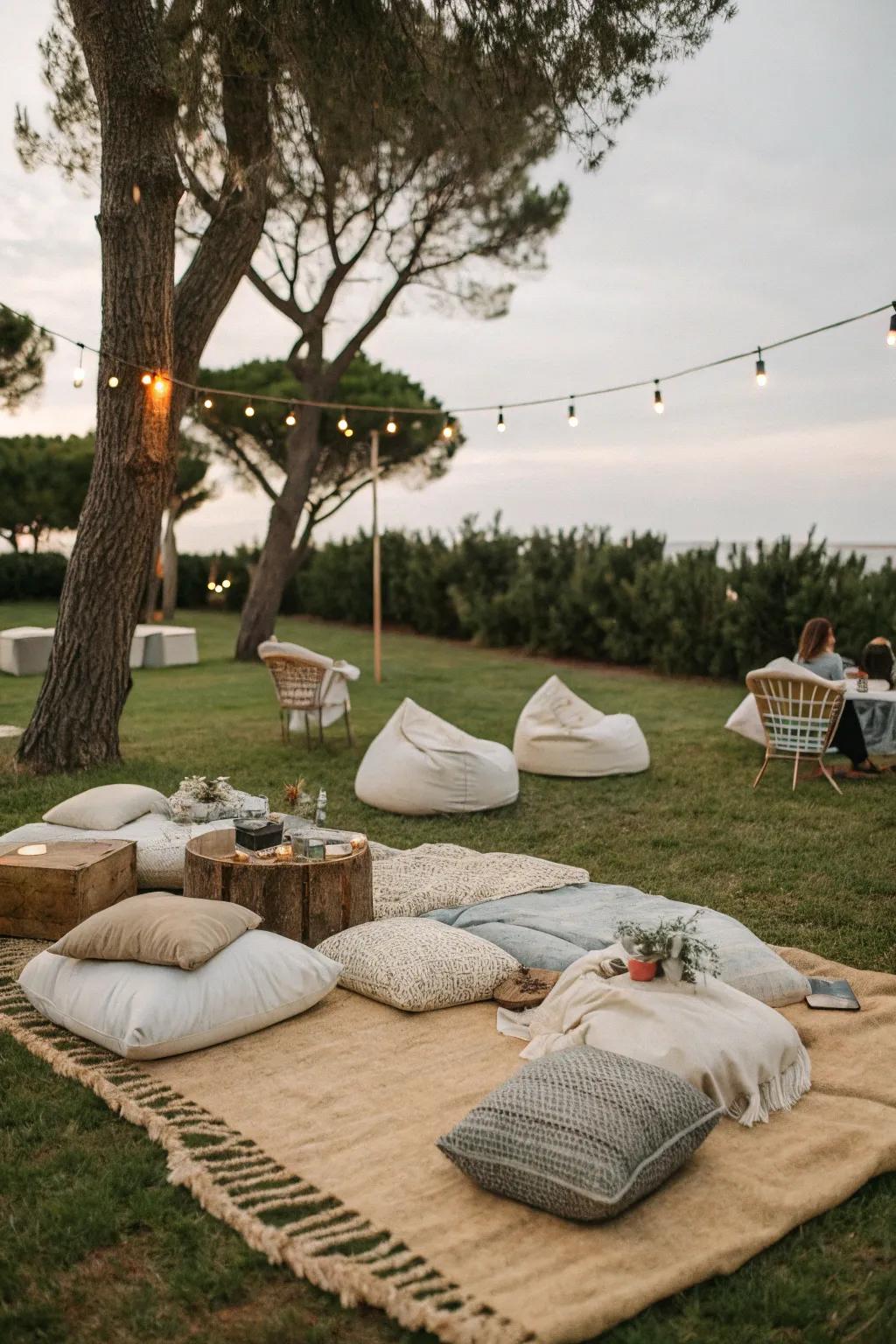 Plush pillows and blankets create inviting lounge areas.