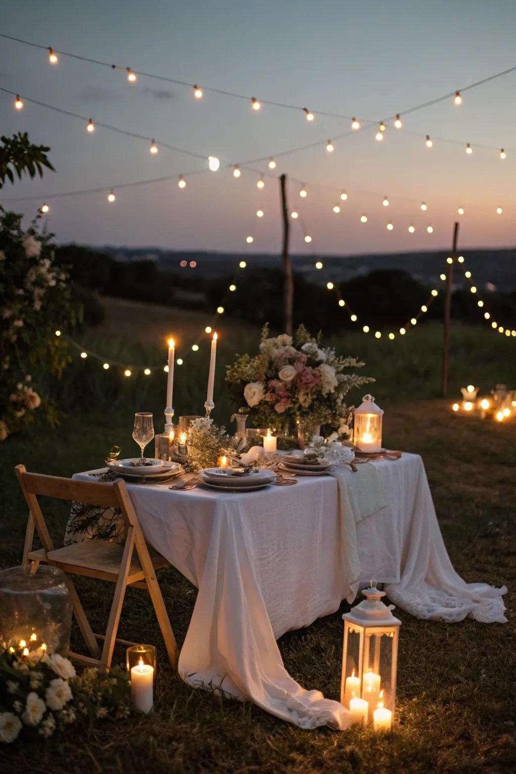 Candles and fairy lights create a magical evening glow.
