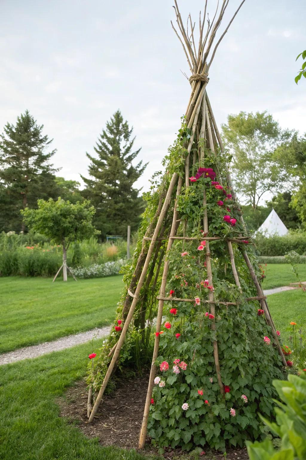 A cozy teepee hideout invites nature-inspired play.
