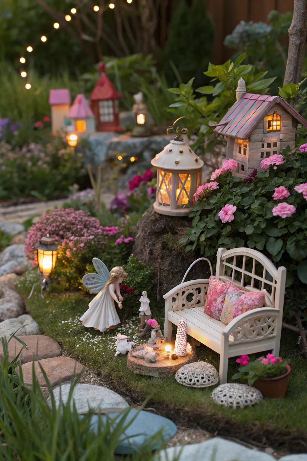 A hidden fairy garden captivates with magic and whimsy.