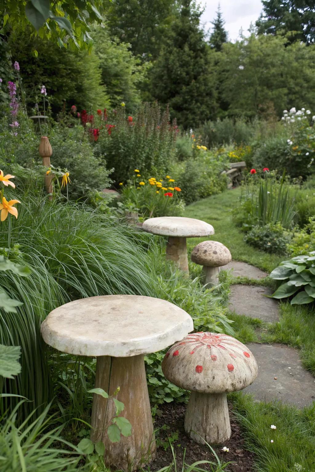 Mushroom stools add a fairy-tale charm to the garden.