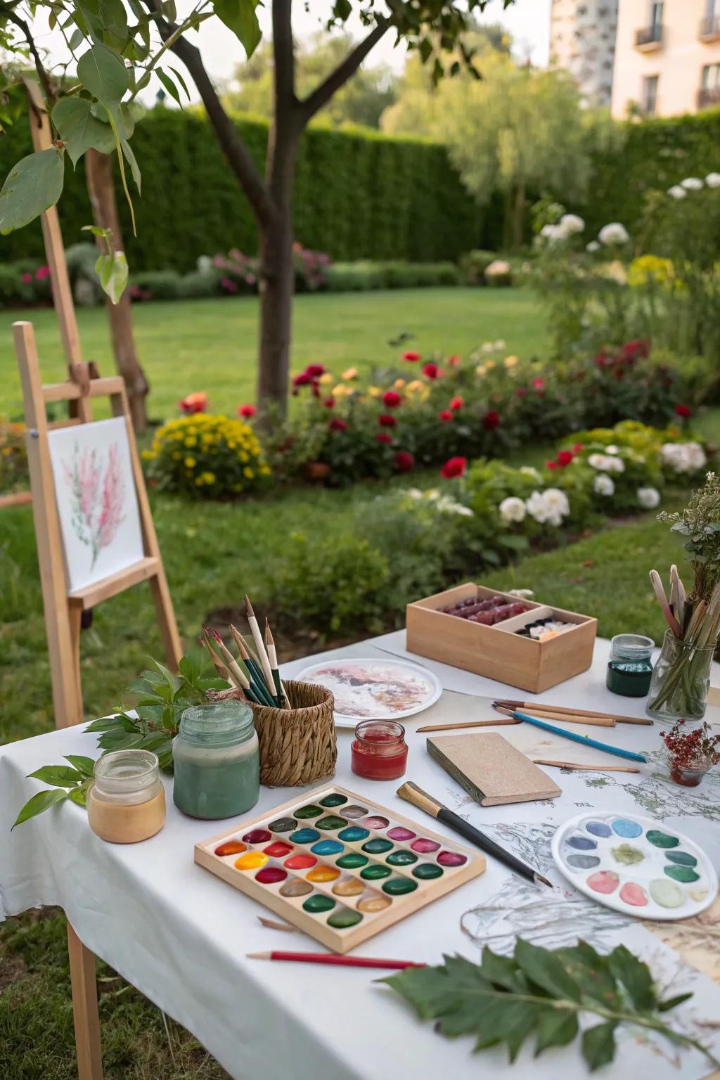 A garden art station inspires creativity and nature appreciation.