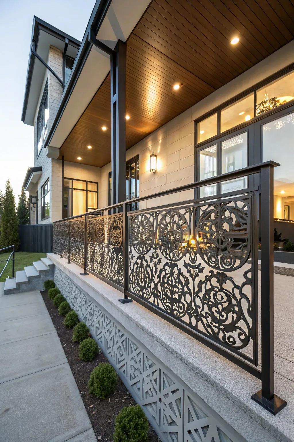 Laser-cut designs add an artistic touch to railings.