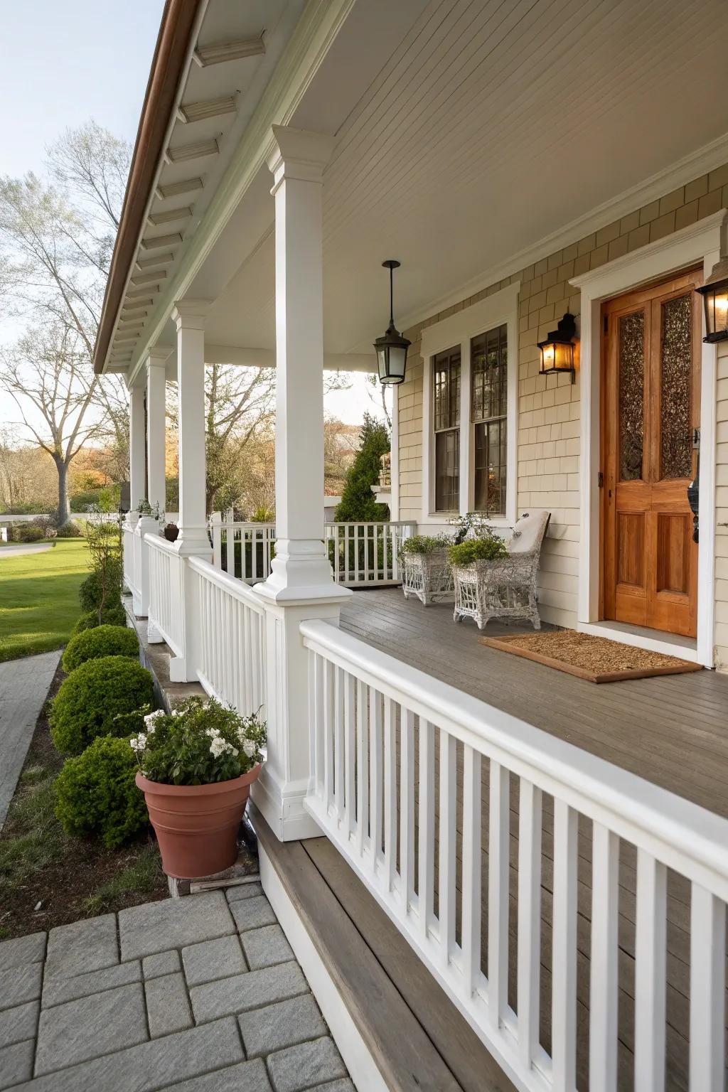 Horizontal white picket railings offer timeless charm.