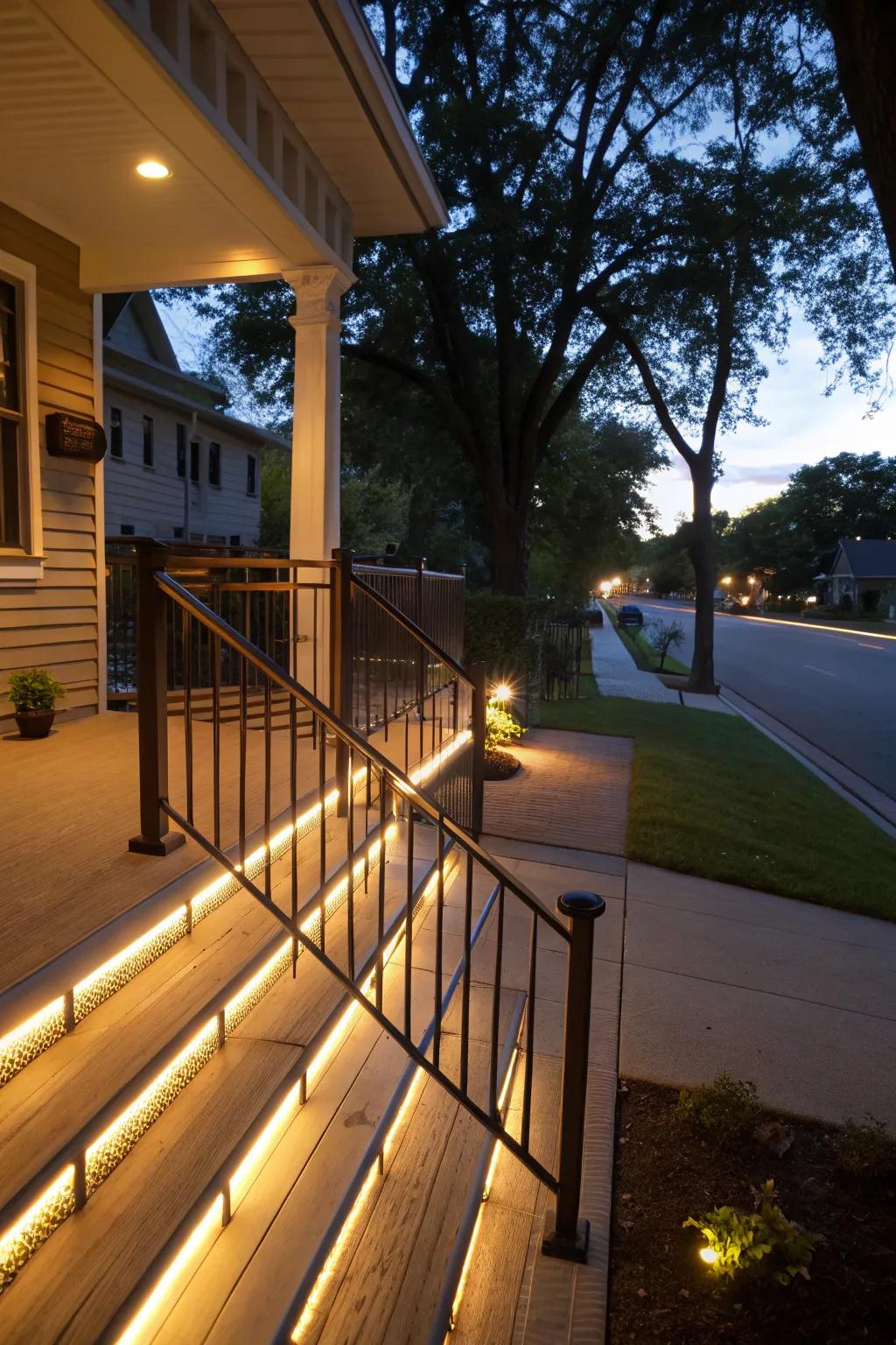 Integrated lighting transforms your porch at night.