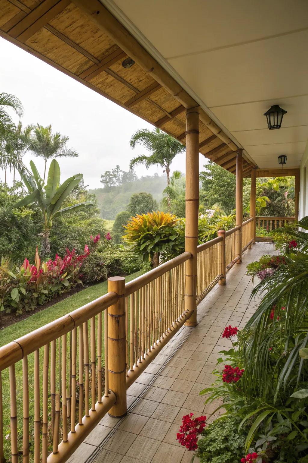 Bamboo railings evoke a tropical, eco-friendly vibe.