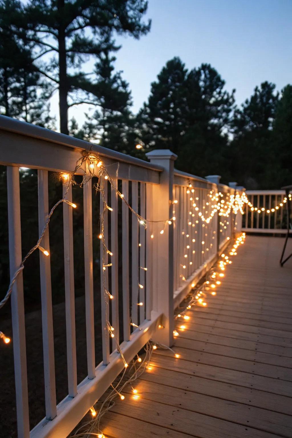 A magical glow with string lights wrapped around the deck railing.