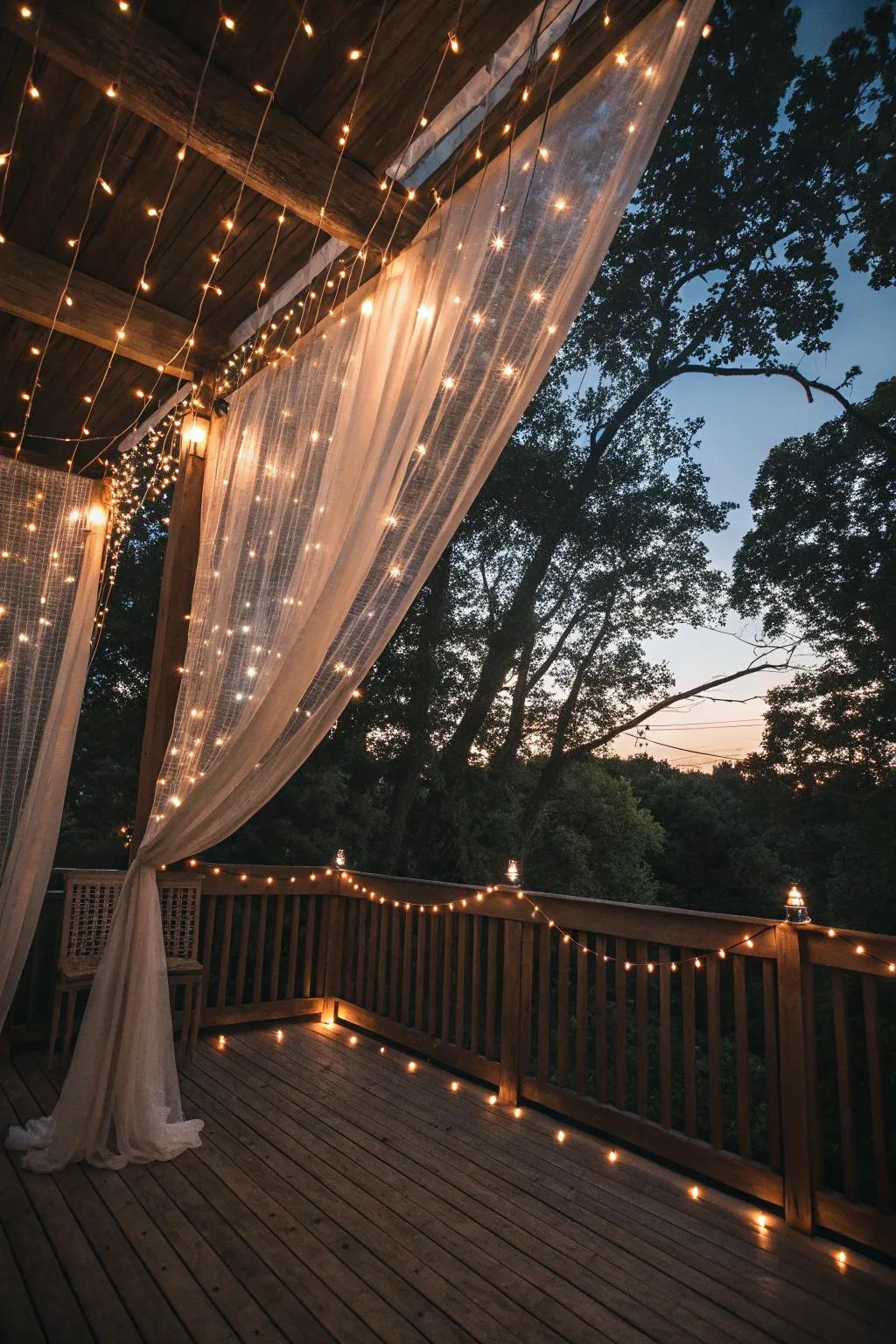 A dreamy canopy of curtain lights makes your deck shine.