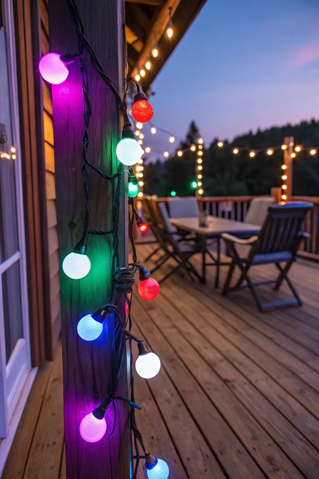 Colored lights add a playful festive pop to your deck.