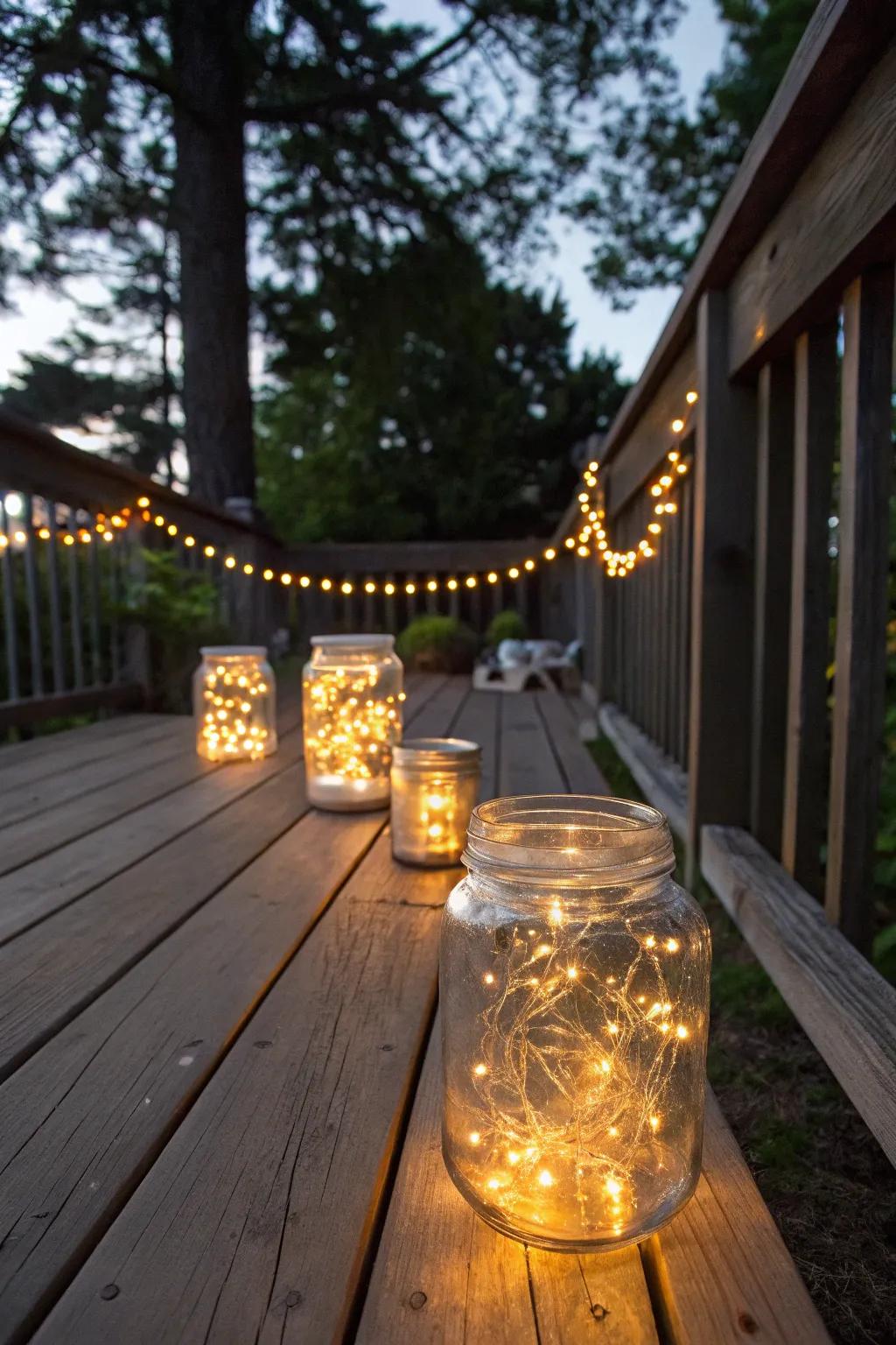 Fairy lights in jars add a delicate sparkle to your deck.