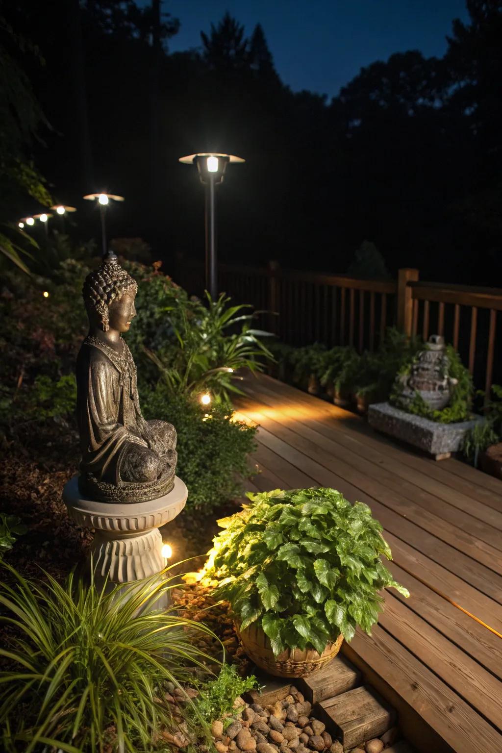 Spotlights add focus and depth to your deck's festive decor.