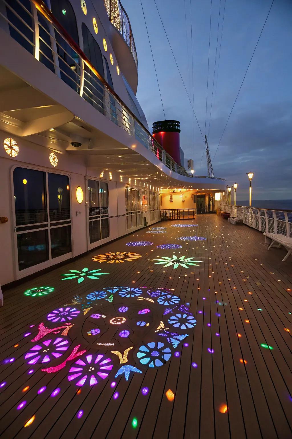 Projector lights add dynamic patterns and a playful atmosphere.