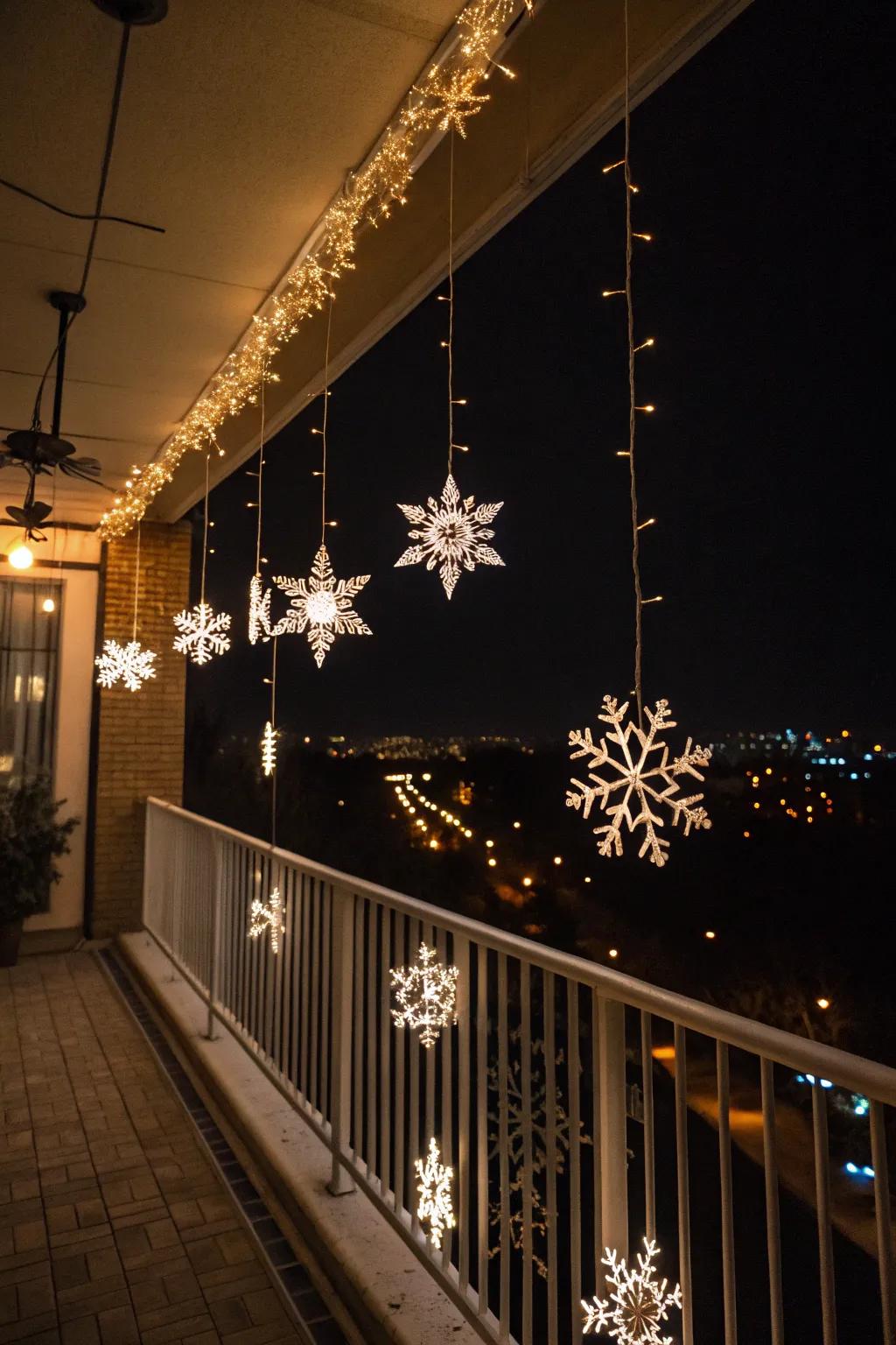 Illuminated snowflakes create a winter wonderland effect on your balcony.