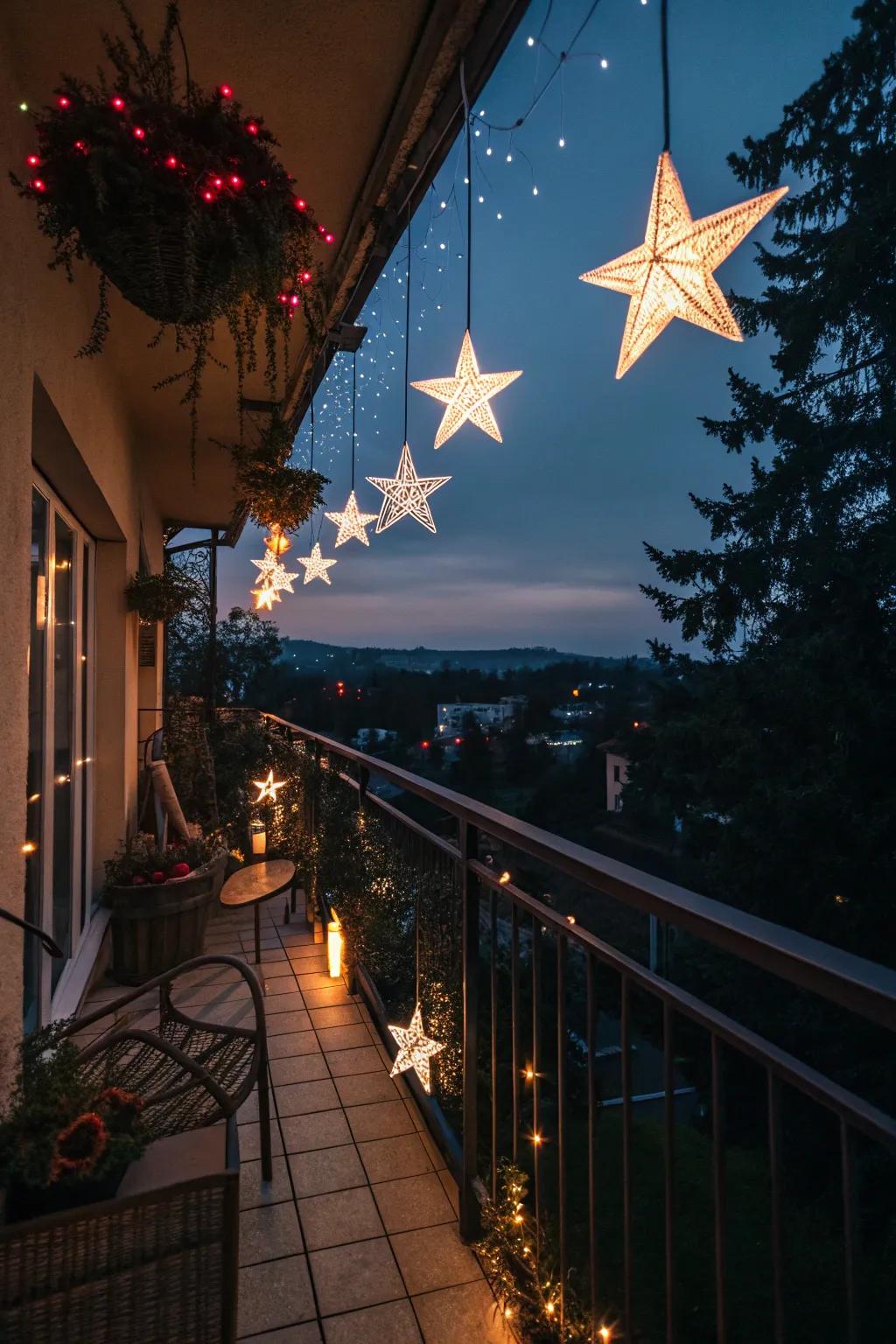 Illuminated stars add a touch of magic to your balcony.