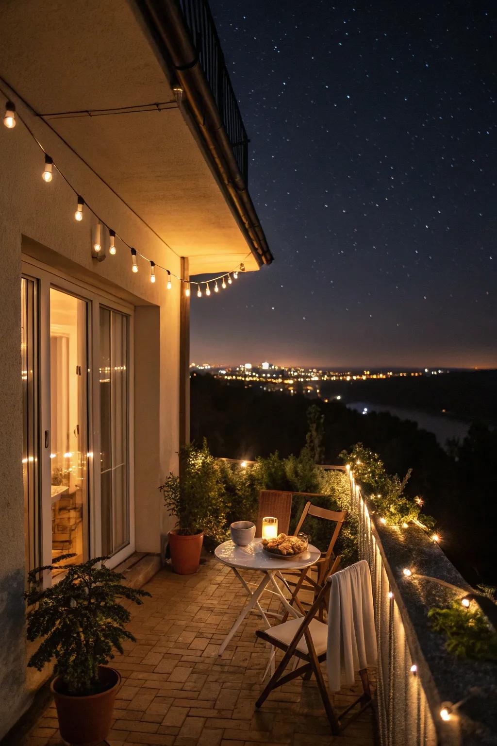 Layered lighting creates depth and sophistication on your balcony.