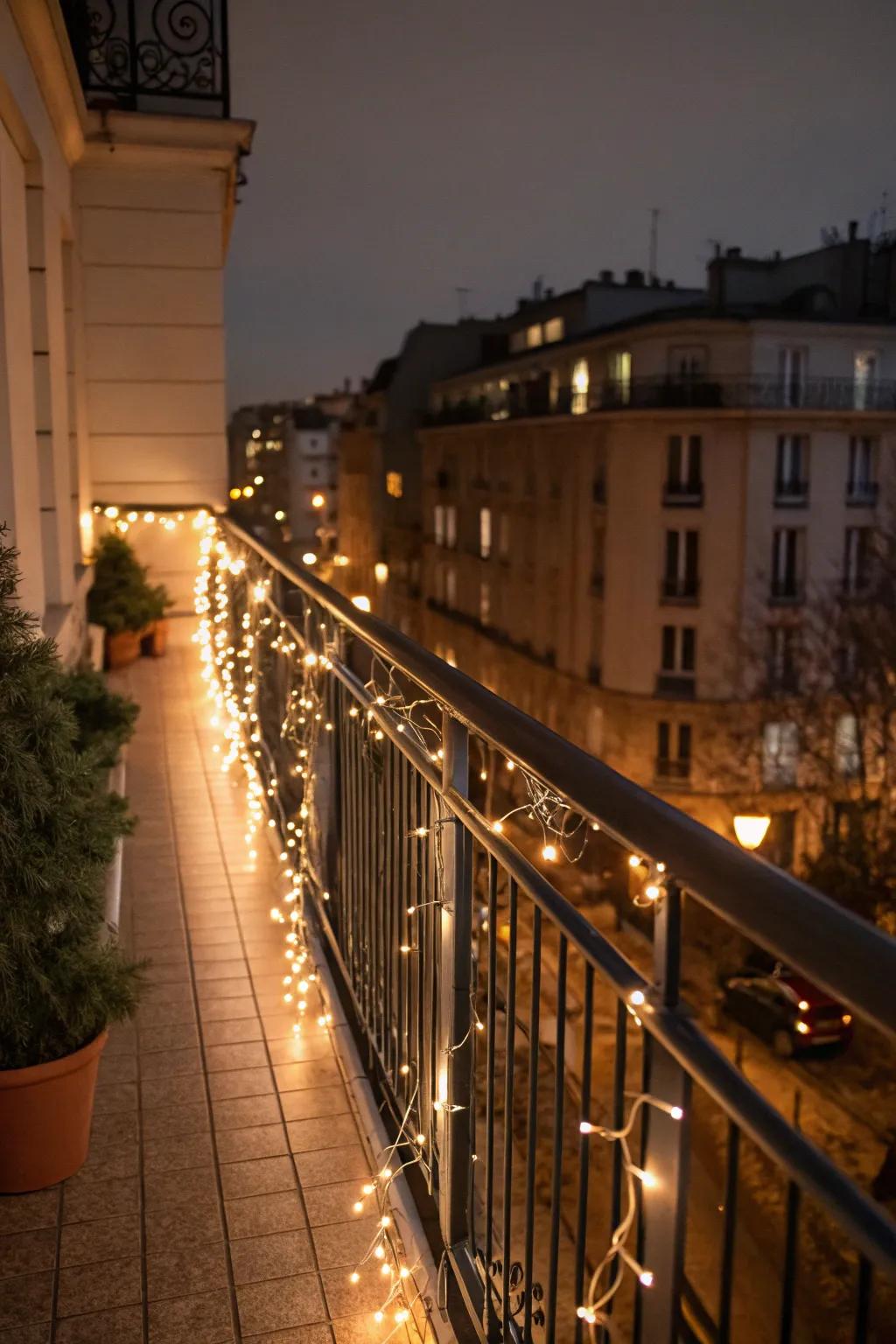 Lighted garlands bring greenery and sparkle to balcony railings.