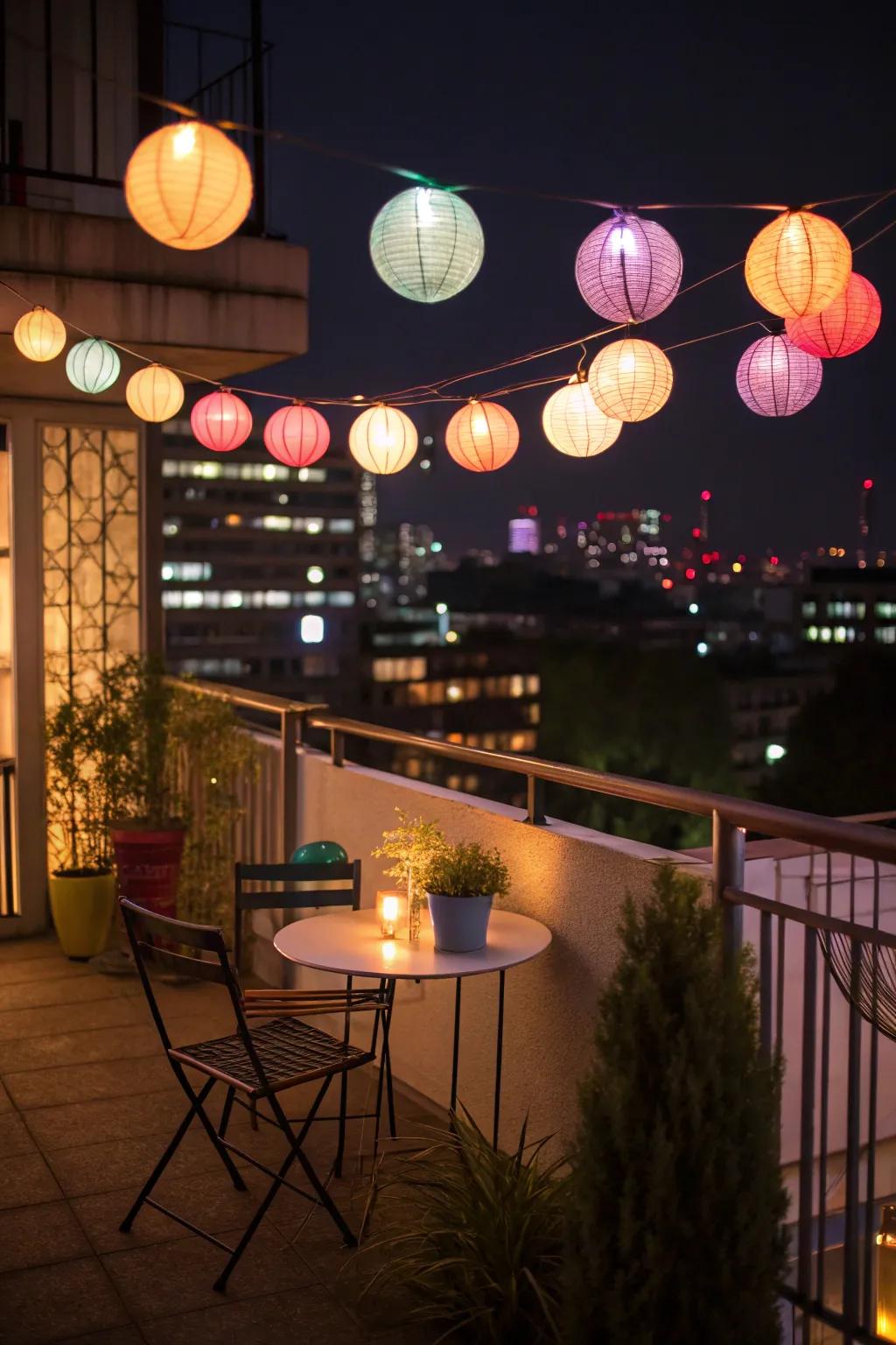 Colorful globe lights add a playful and vibrant look to your balcony.