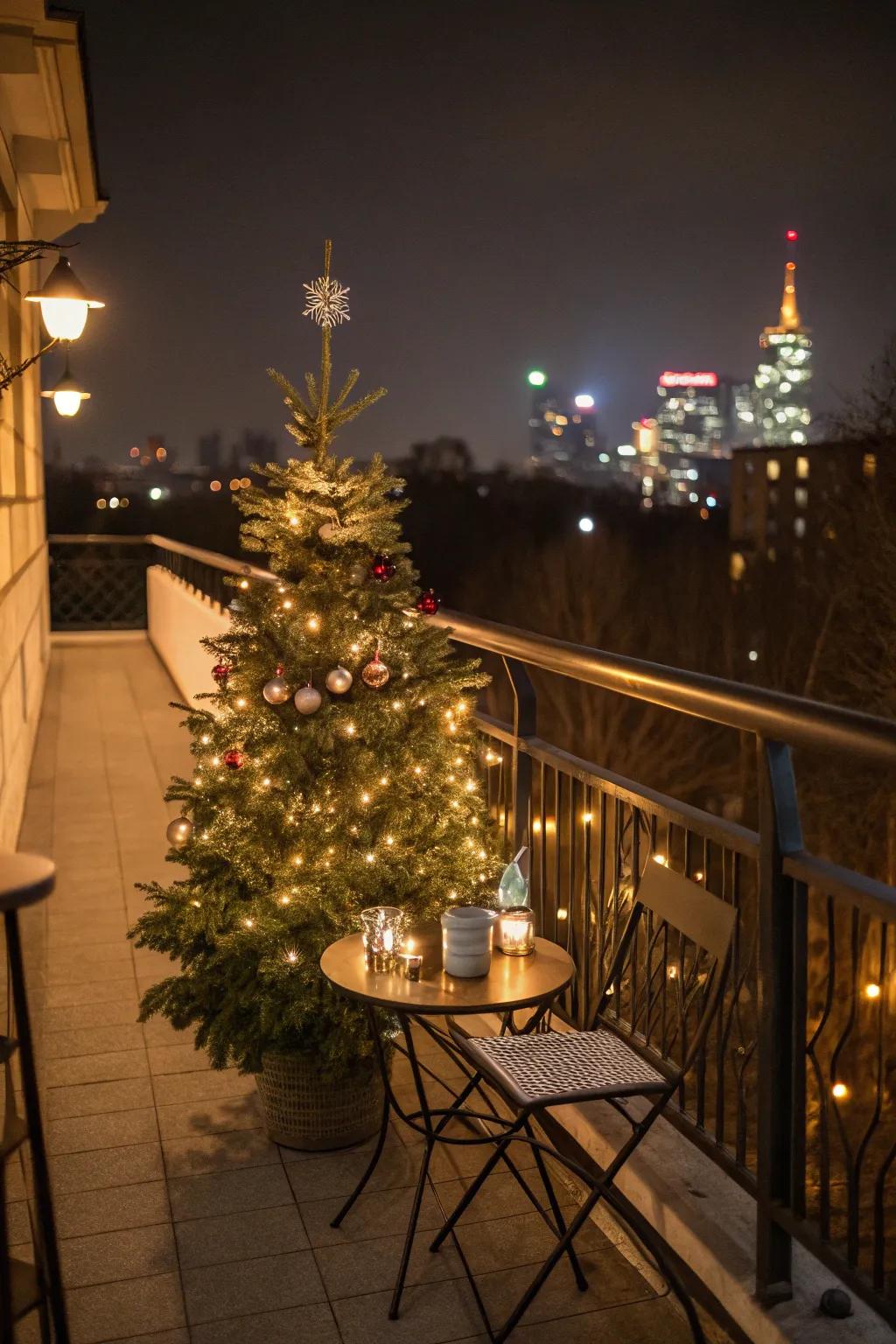 A mini Christmas tree creates a festive focal point on your balcony.