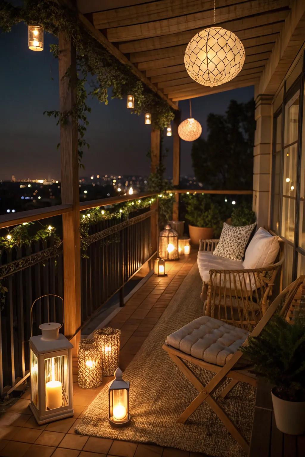 Candles and lanterns create a warm and cozy glow on your balcony.