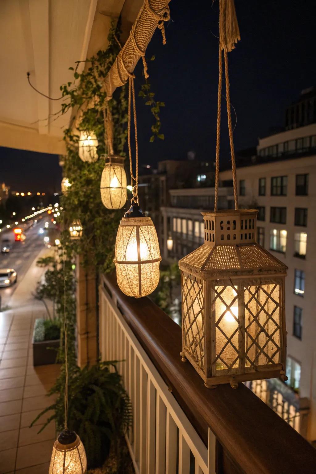A rustic lantern display brings a charming, old-world feel to your balcony.