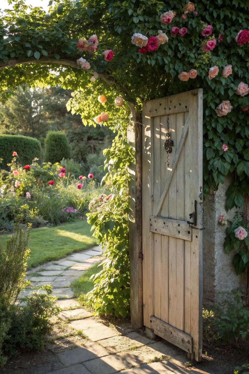 Nature's embrace: a door framed by blooms and greens