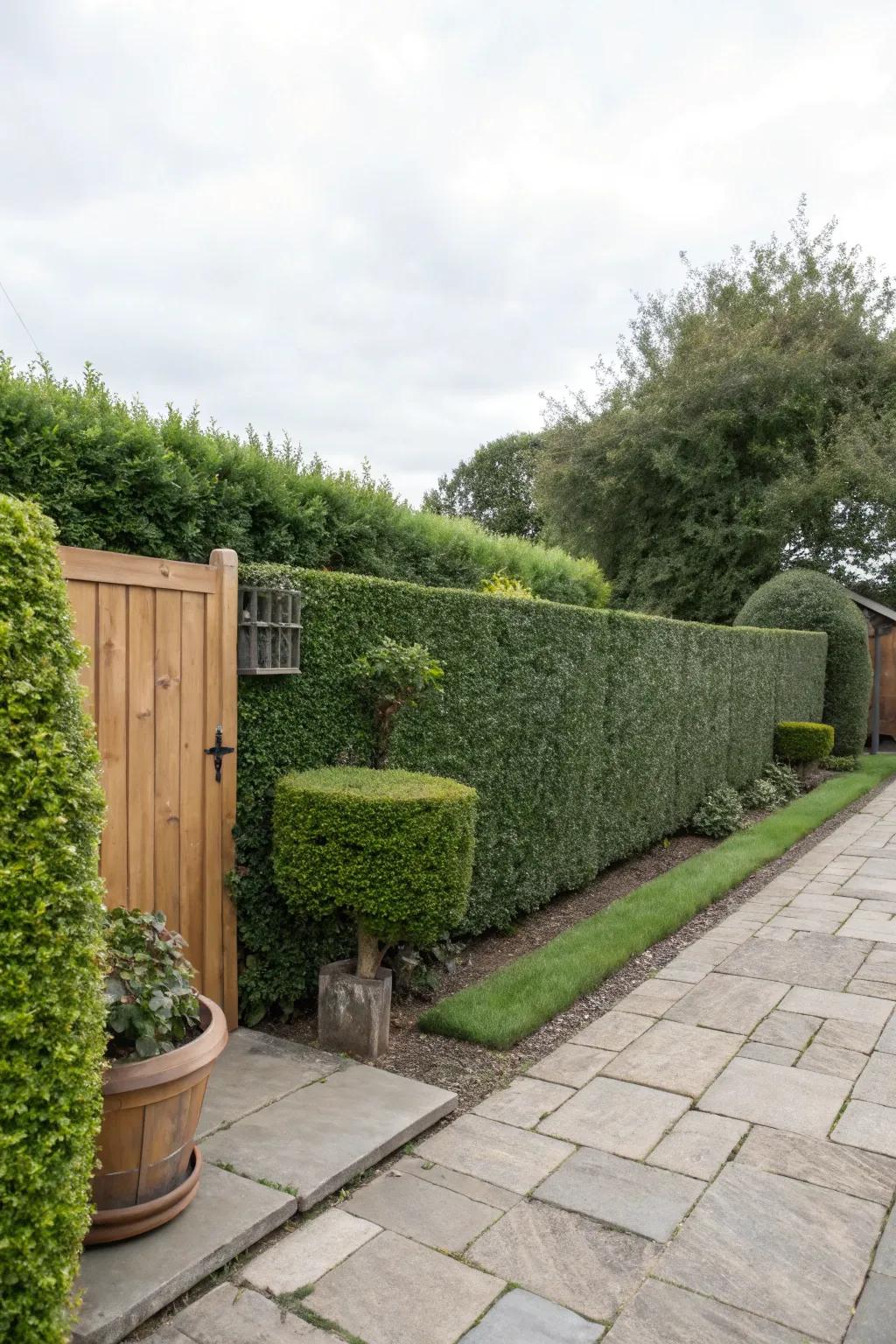 A classic boxwood hedge offers privacy with elegance.