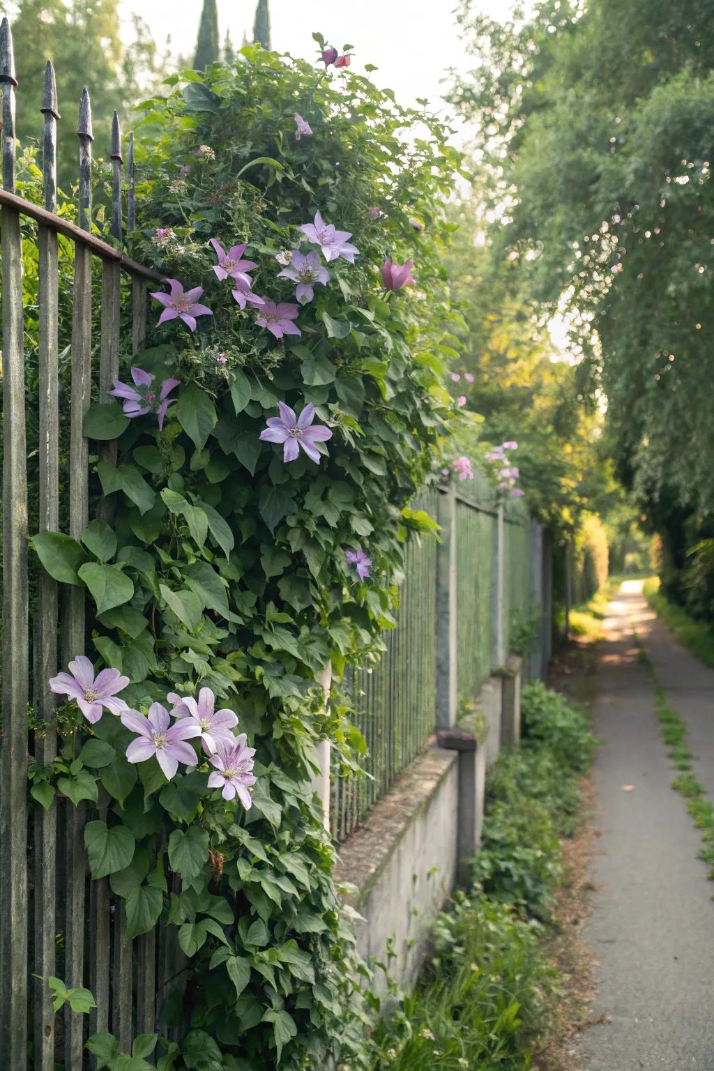 Climbing plants turn a fence into a lush paradise.