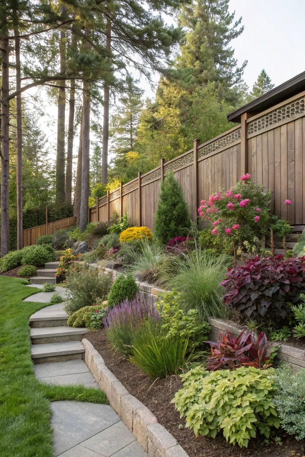 Layered landscaping adds depth and interest.